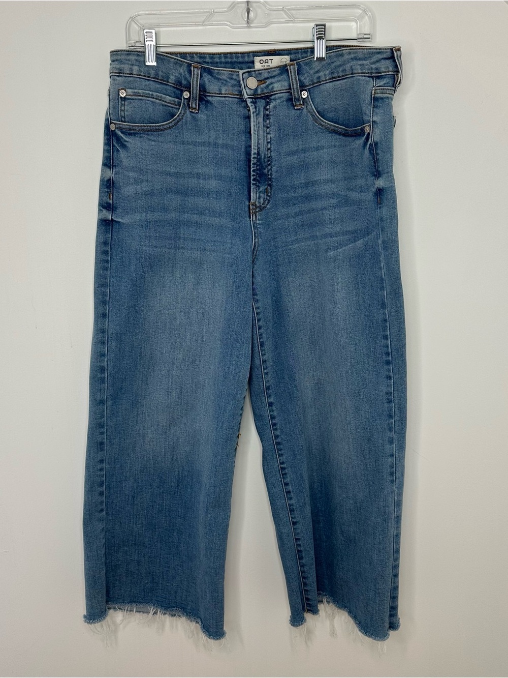OAT New York High Rise Wide Leg Crop Jeans Raw Hem Light Wash Size 12/31